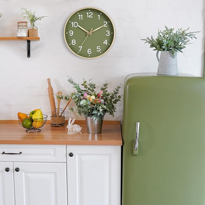 Wall Clock Green, 10 Inch Silent Wall Clocks Battery Operated-Modern Non Ticking Analog Clock Decorative for Kitchen Bedroom Office Bathroom(Gold)