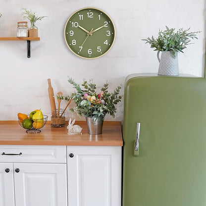 Wall Clock Green, Silent Wall Clocks Battery Operated 8 Inch-Modern Non Ticking Analog Clock Decorative for Kitchen Office Bathroom Bedroom(Gold)