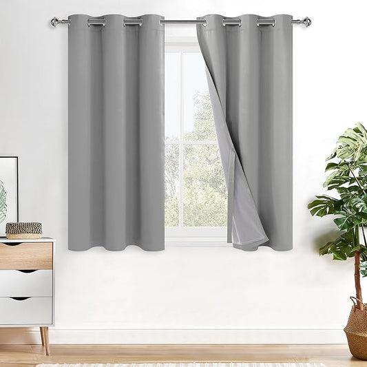 XWZO 100% Blackout Window Curtains - Thermal Insulated & Completely Room Darkening Black Liner Window Treatment with Tiebacks for Bedroom/Living Room, Light Grey, W42 x L54, Set of 2 Panels