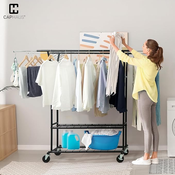 CAPHAUS 840LBS Capacity Heavy Duty Clothes Rack with Double Rods, Rolling Clothing Rack with 2 Shelves, Extendable Rods, Black