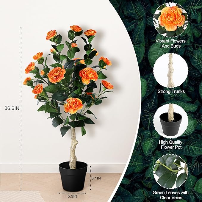 3FT Artificial Camellia Tree, 2 Pack Fake Camellia Tree Artificial Tree, Faux Floral Plants in Cement Pot, Greenery Potted Plant for Indoor Outdoor Home Office Porch Decor (Orange)