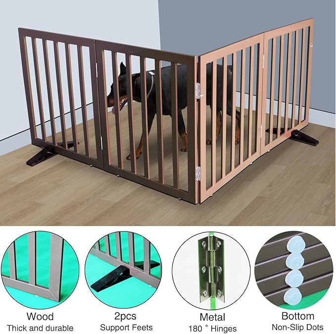 Dog Gate Indoor, Freestanding Dog Fence for The House, Doorways, Hallways,or Stairs,Pet Gate Foldable Wooden,Expandable 32" Height 4 Panels,Brown