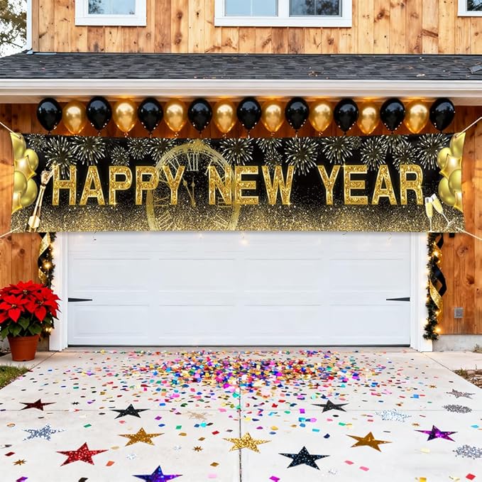 New Years Eve Banner for 2026, Gold Happy New Year Backdrop Great New Yeras Decorations for Outdoor Indoor Home Wall 118x19.69inch