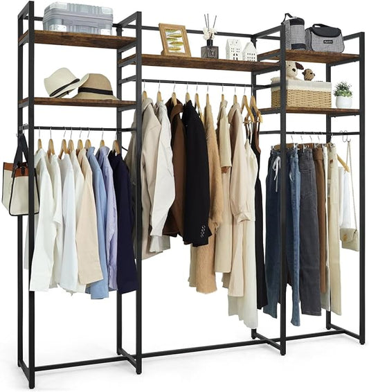 CAPHAUS 913lbs Capacity Garment Rack for Hanging Clothes, Heavy Duty Open Wardrobe w/Hanging Rods, Free Standing Closet Organizer, Clothing Rack, Metal Closet w/Wooden Boards, Rustic Oak Board