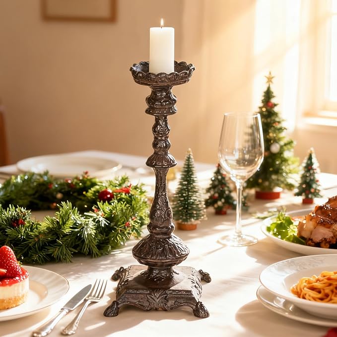 Sungmor Heavy Duty Cast Iron Candlestick Holders - Handcrafted Vintage Candelabra - 37CM/15Inch Tall 1-Head Candle Holder - Decorative Pillar Candle Stand for Christmas Birthday Wedding Home Party