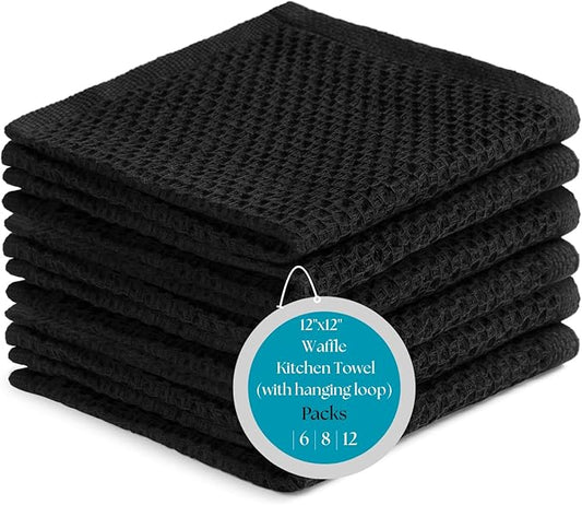 Cotton Waffle Weave Kitchen Wash Cloths - Pack of 6 (12x12 Inches) | Ultra Soft, Absorbent Dish Cloth | Quick Dry, Dish Cloths & Dish Rags - Black (Kitchen Essentials)