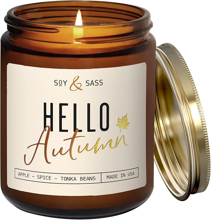 Fall Candles - ‘Hello Autumn’ Soy Fall Candle w/Apple, Cinnamon & Nutmeg I Infused with Essential Oils I Autumn Scented Candles I Cozy Décor Gifts I 9oz Jar I 50Hr Burn I Made in USA