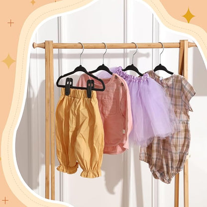 Soaoo 50 Pcs Baby Velvet Non-Slip Hangers with Clips,100 Clips for Pants & Skirts, Space-Saving Kids Children Clothes Hangers for Nursery Closet Organization(Black)