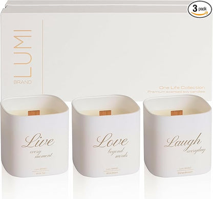 Set of 3 Premium Scented Soy Candles Gift Set | One Life Collection - Orange Blossom, White Tea & White Bloom | Crackling Wood Wick | Luxury Candle Set for Relaxation, Home Décor & Gifts | 9.8oz Each