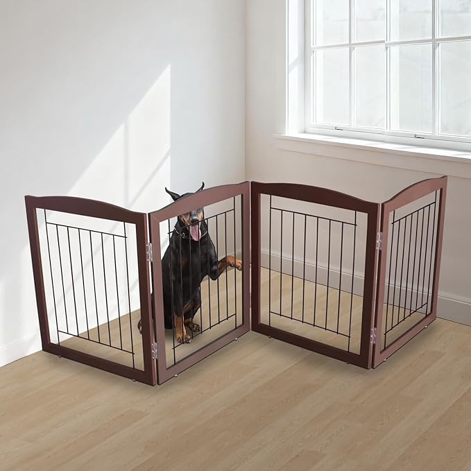 ZJSF Freestanding Foldable Dog Gate for House Extra Wide Wooden Brown Puppy Gate Stairs Dog Gates Doorways Tall Pet Gate 24 "Height 3 Panels Pet Fence