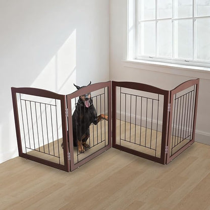 ZJSF Freestanding Foldable Dog Gate for House Extra Wide Wooden Brown Puppy Gate Stairs Dog Gates Doorways Tall Pet Gate 24 "Height 3 Panels Pet Fence