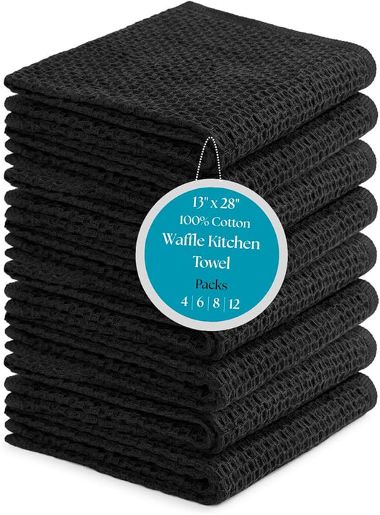 Premium Cotton Waffle Kitchen Towels - Pack of 8 (13x28), Ultra Soft, High GSM, Absorbent Dish Towels, Quick Dry Best for Dish Cloths, Hand Towels & Dish Rags - Black (Kitchen Essentials)