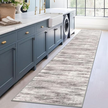 KOZYFLY Modern Abstract Washable Rug Runner 2.6x12 Hallway Rug Runner Non-Slip Soft Kitchen Runner Rugs, Grey-Beige Striped Carpet for Entryway Bathroom Laundry Room Foyer