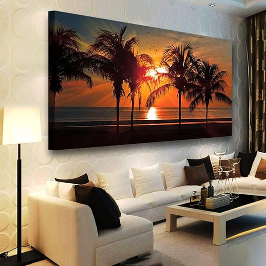Beach Canvas Wall Art Seascape Theme Pictures Home Decor Blue Ocean Coconut Tree Sunset Prints Paintings for Living Room Bathroom Bedroom Kitchen Office Decoration Natural Scenery Artwork 28x57 inches