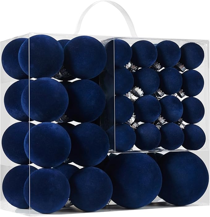 Velvet Christmas Ball Ornaments Set-46pcs Flocked Shatterproof Christmas Tree Decorations Plastic Xmas Decorative Hanging Ornaments for Xmas Holiday Home Decor,3 Sizes(Navy Blue)