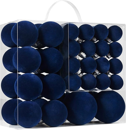 Velvet Christmas Ball Ornaments Set-46pcs Flocked Shatterproof Christmas Tree Decorations Plastic Xmas Decorative Hanging Ornaments for Xmas Holiday Home Decor,3 Sizes(Navy Blue)