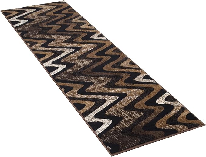 Allstar 2x7 Chocolate and Mocha Modern and Contemporary Runner with Ivory and Espresso Wavy Zigzag Design (1' 11" x 6' 11")