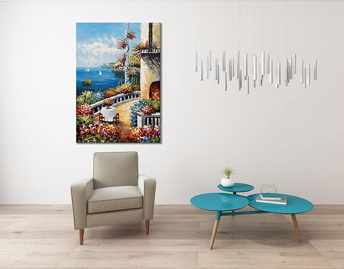 Alenoss Hand Painted Abstract Vertical Canvas Wall Art 28x40 Inches Large 3D Modern Acrylic Painting Mediterranean Sea Landscape Blue Artwork Wall Decor for Home Decorations