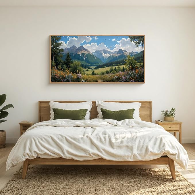 HLNIUC Green Forest Mountain Landscape horizontal Wall Art Framed, Colorful Wildflower Nature Decor(20x40), Blue Sky White Cloud Canvas Painting, Woodland Tree Print for Living Room, Bedroom, Office