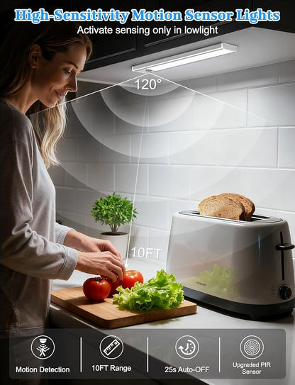 Under Cabinet Lighting with Charging Station, 2000mAh Rechargeable Motion Sensor Light Indoor, 3 Color Tempers Dimmable Closet Lights Wireless, Magnetic Under Cabinet Lights for Kitchen, 3-Pack
