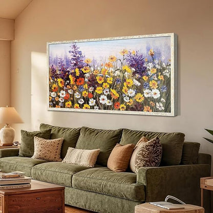 Ardemy Wildflower Wall Art Canvas Living Room Framed Daisy Floral Large Colorful Pictures Wall Decor Textured Purple Paintings Artwork for Walls Bedroom Home Office, 40"x20"