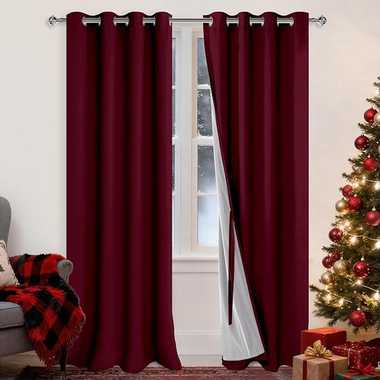 XWZO 100% Blackout Curtain Panels - Extra Long Thermal Insulated Black Liner Curtains, Noise Reducing and Heat Blocking Drapes for Bedroom with Tiebacks, Burgundy, W52 x L108, Set of 2