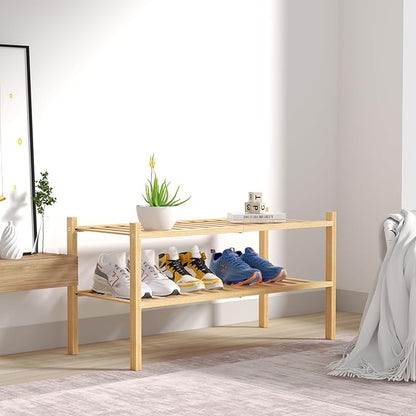 2 Tier Bamboo Shoe Rack for Closet Free Standing Wood Shoe Shelf for Entryway Small Space Stackable 27"x11"x13" (Natural)