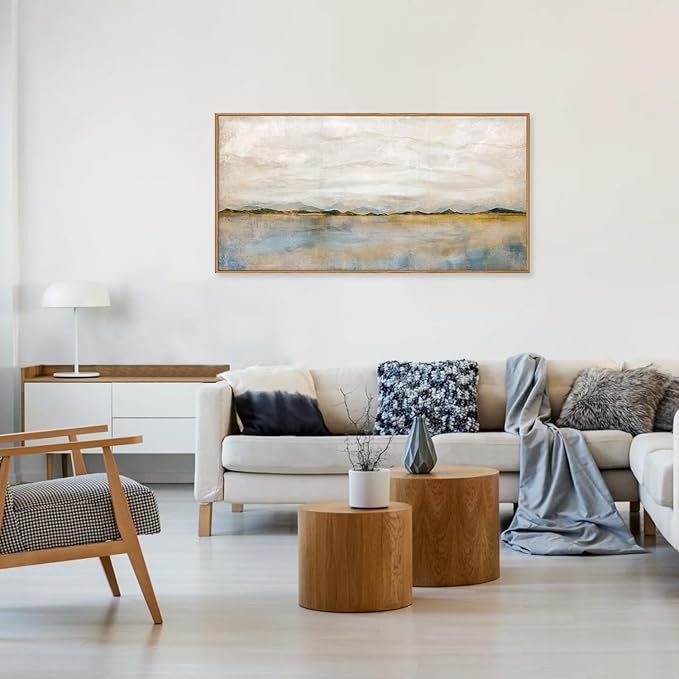HLNIUC Large Abstract Horizontal Wall Art,Neutral Distant Mountain Wall Decor 20x40, Watercolor Beige Dusty Nature Landscape Painting, Modern Pastel Scenery Art Prints for Living Room, Bedroom, Office