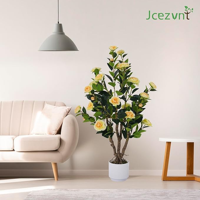 2 Pack Artificial Camellia Tree with White Pot, 38" Faux Potted Plants for Indoor Outdoor Decor, Tall Silk Greenery Plant for Home Office Living Room Balcony, Yellow
