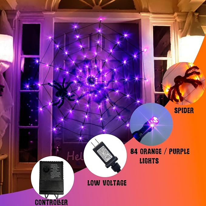 Vanthylit Halloween Decorations, Spider Web Lights for Home, 4FT 84LED Light Up Spiderweb with Black Spider, Halloween Lights for Haunted Window Room Indoor Outdoor Decorations (Orange & Purple)