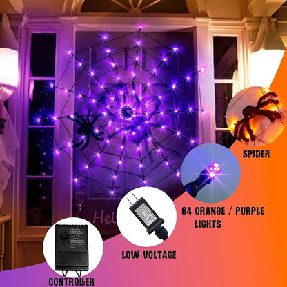 Vanthylit Halloween Decorations, Spider Web Lights for Home, 4FT 84LED Light Up Spiderweb with Black Spider, Halloween Lights for Haunted Window Room Indoor Outdoor Decorations (Orange & Purple)