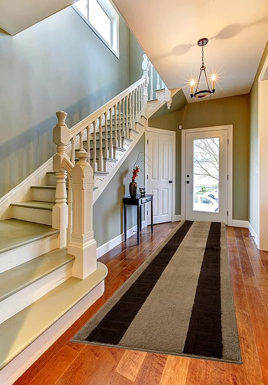 RugStylesOnline Washable Custom Size Runner Rug Meander Design Beige Brown, (5 Feet Length x 26 Inch Width) Custom Cut Slip Resistant Rubber Backing Runner Rugs, Extra Long Runner Rugs for Hallways
