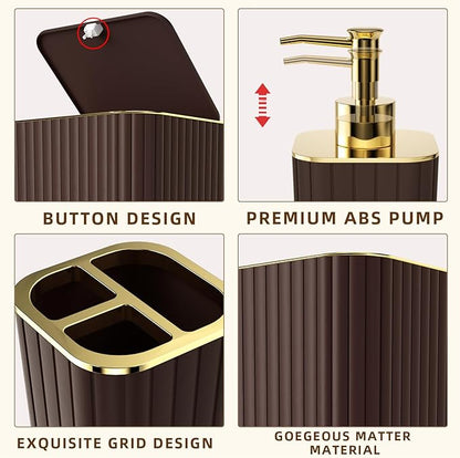 Bathroom Accessories Set - 25PC Brown Bathroom Sets with Shower Curtain and Rugs, Bathroom Accessory Set, Brown Shower Curtain Set, Trash Can, Qtip Holder Dispenser & Soap Dispenser