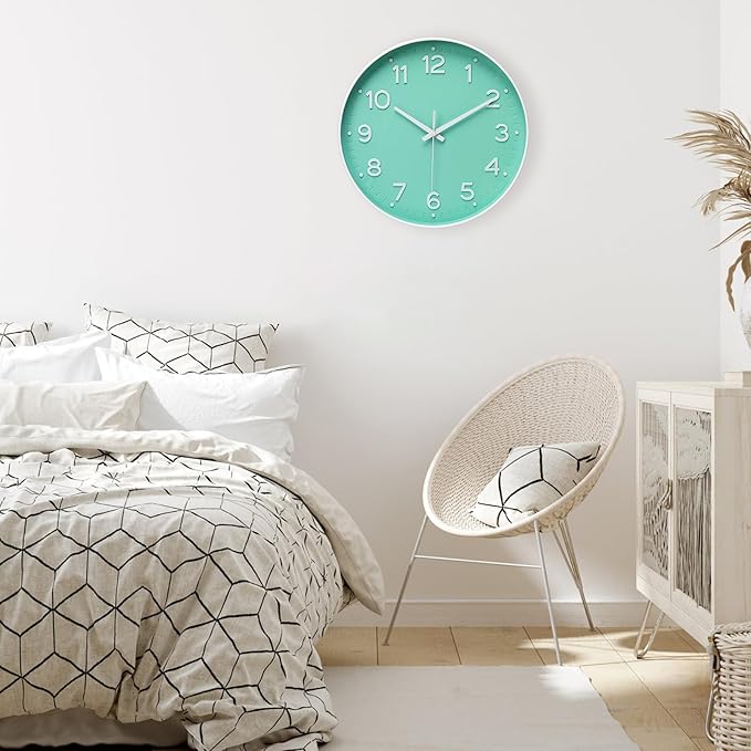 MEIRED Wall Clock 12 Inch Silent Non Ticking Battery Operated Round Wall Clock Modern Simple Style Decor Clock for Home/Office/School/Kitchen/Bedroom/Living Room, Bean Green and White