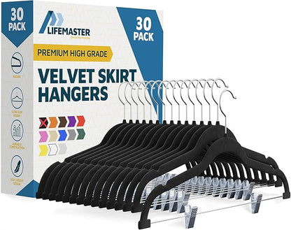 Velvet Skirt Hangers – with Adjustable Clips, 360 Degree Swivel Hook, and Non-Slip Shoulder Notch, Holds Up to 10 lbs, for Organizing Skirt, Pants, Dress, and Clothes, Pack of 30, Black