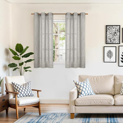 YoungsTex Dark Grey Linen Curtains 45 Inches Length for Kitchen Window, Textured Semi Sheer Drapes Light Filtering with Bronze Grommet for Bathroom Cafe Bedroom, 2 Panels, 42 X 45 Inch