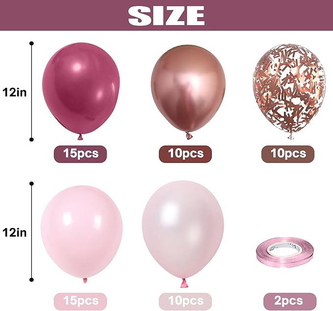 Dusty Rose Balloon Set, 60 Packs 12 Inch Retro Pink Metallic Chrome Rose Gold Pearl Macaron Light Pink Balloons for Girls Birthday Decorations, Bridal Shower, Wedding, Bachelorette Party