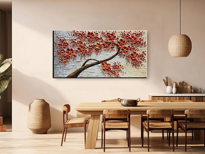 YaSheng Art - hand-painted Oil Painting On Canvas Texture Palette Knife Red Flowers Paintings Modern Home Decor Wall Art Painting Colorful 3D Flowers Tree Paintings Ready to hang 24x48inch