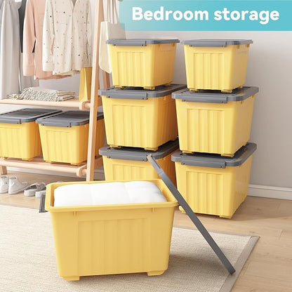 Nazhura Plastic Storage Bin, Stackable and Nestable Storage Boxes with White Lids and Secure Latching Buckles, Large Storage Container (Yellow/Purple, 72Quart-6Pack)
