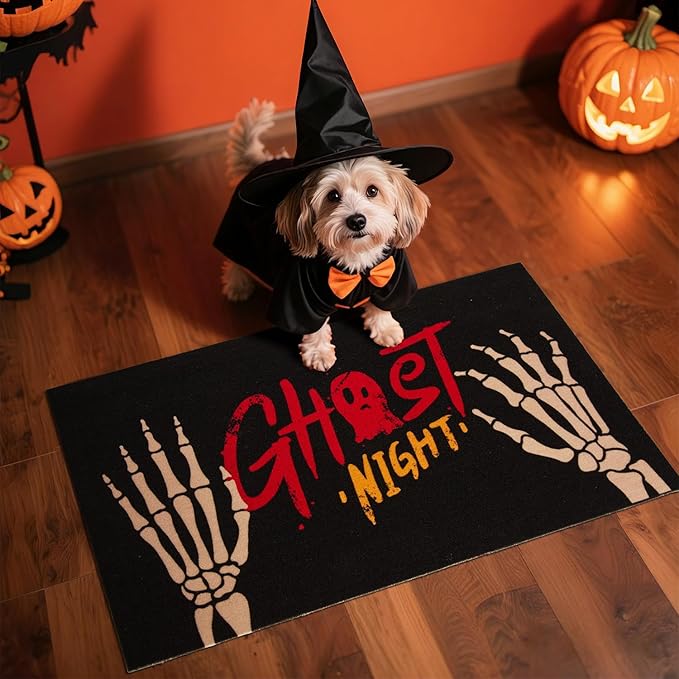 Halloween Door Mat, Halloween Doormat Outdoor Front Door Entrance Absorbent Entry Mat with Non Slip Backing, 24''x36'', Skeleton Black