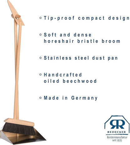 REDECKER Horsehair Broom & Stainless Steel Dust Pan Set - Oiled Beechwood Handles, 35-3/8 Inch - Broom & Dustpan Combo for Home, Kitchen, Outdoor Use - Wooden Broom and Dustpan Set, Made in Germany