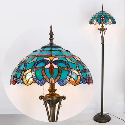 Tiffany Floor Lamp Blue Green Stained Glass Jewelry Baroque Standing Reading Light 16X16X70 Inches Antique Pole Corner Lamp Decor Bedroom Office Living Room