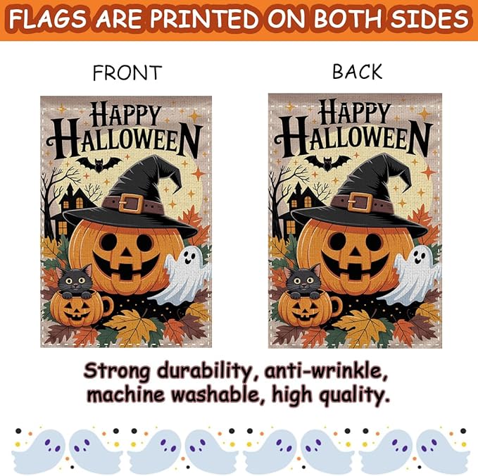 Fokongna Happy Halloween Garden Flag, Cute Pumpkin Ghost Black Cat Garden Flag,Trick or Treat 12x18 Inch Burlap Vertical Double Sided Flags, for Home Yard Outside Decorations