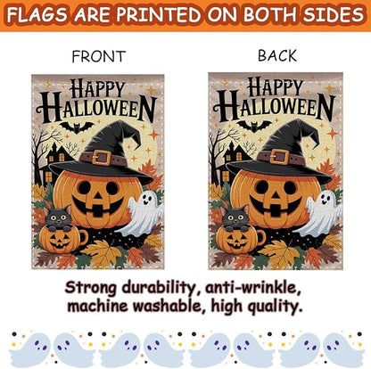 Fokongna Happy Halloween Garden Flag, Cute Pumpkin Ghost Black Cat Garden Flag,Trick or Treat 12x18 Inch Burlap Vertical Double Sided Flags, for Home Yard Outside Decorations