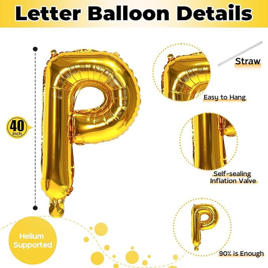 Giant P Alphabet Balloon Letters, Gold Self Inflating Custom Letter Balloons Birthday Decor, 40 Inch Helium Mylar Foil Name Word Balloons for Girls Men Anniversary Party Graduation Decoration Supplies
