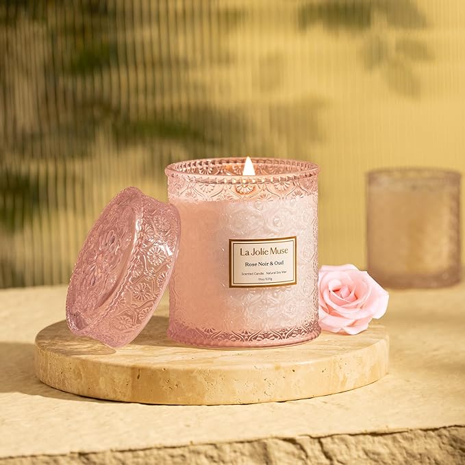 LA JOLIE MUSE Rose Noir & Oud Candle, 19 Oz, Pink Rose Scented Candle Gift, Wood Wicked Large Candles for Home Scented, Long Burning Time