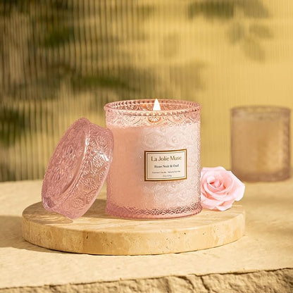 LA JOLIE MUSE Rose Noir & Oud Candle, 19 Oz, Pink Rose Scented Candle Gift, Wood Wicked Large Candles for Home Scented, Long Burning Time