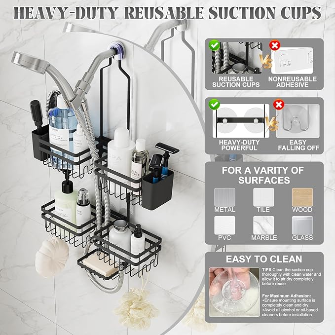 Shower Caddy Hanging for Bathroom Organizers and Storage - 3-Tier Adjustable Anti-Swing Shower Organizer for Handheld Showerhead with Heavy-Duty Suction Cups, Damage-Free Rustproof (Black)