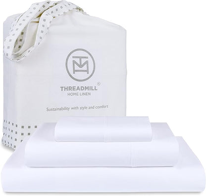 Threadmill 100% Cotton Sheets for Twin Size Bed - 600 Thread Count Twin Bed Sheets Set with 15” Deep Pocket - Sateen Weave 3-Piece Bedding Set with Cooling Effect, White