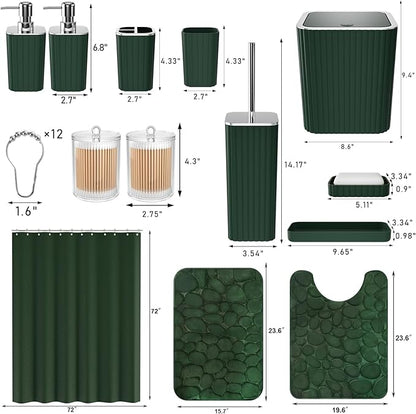 Bathroom Set- 25PC Green Bathroom Sets, Bathroom Set with Shower Curtain and Rugs, Dark Green Shower Curtain Set, Bathroom Accessories Set, Bathroom Trash Can